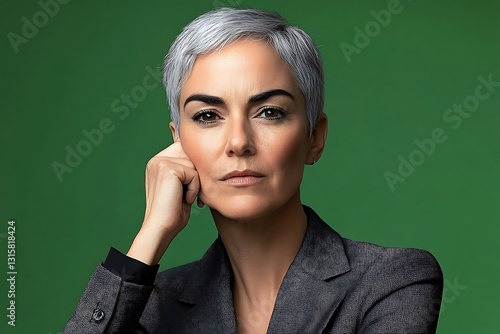 Serious Woman Portrait In Blazer Against Green Background