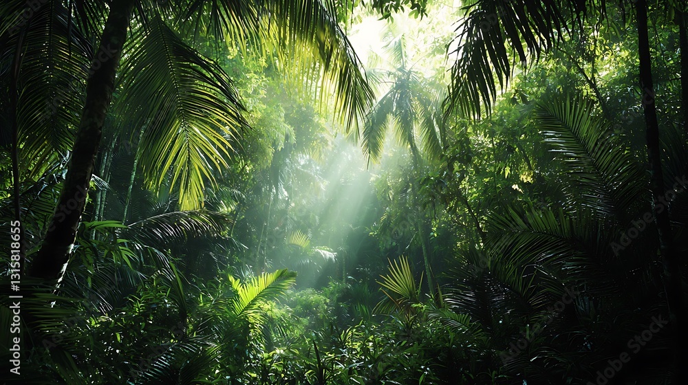 Fototapeta premium Lush Green Jungle with Sunlight Filtering Through Dense Tropical Foliage in Nature's Splendor