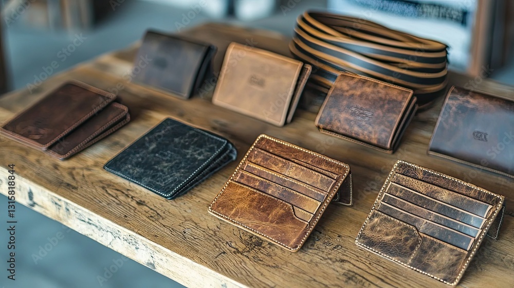 Selection of Premium Leather Wallets and Accessories Displayed on a Wooden Table in a Stylish Contemporary Workspace Selection of Premium Leather Wallets and Accessories Displayed on a Wooden Table in a Stylish Contemporary Workspace