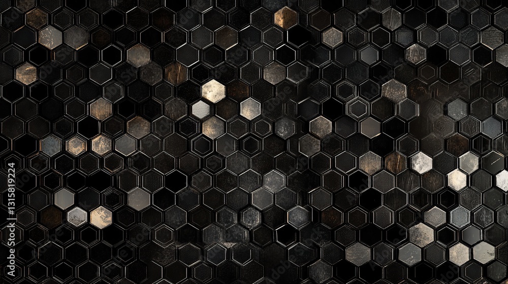 Dark Hexagons: Abstract geometric background with textured black for grey, gold metallic honeycomb pattern. Dark Hexagons: Abstract geometric background with textured black for grey, gold metallic honeycomb pattern.
