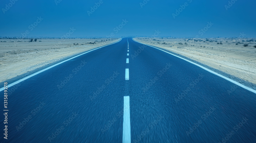 Fototapeta premium Vast Desert Road Stretching Into Blue Horizon Under Clear Sky in Evening Light
