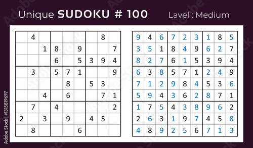 Vector sudoku puzzle with answer. Sudoku, number puzzle game with numbers for kids and adults.