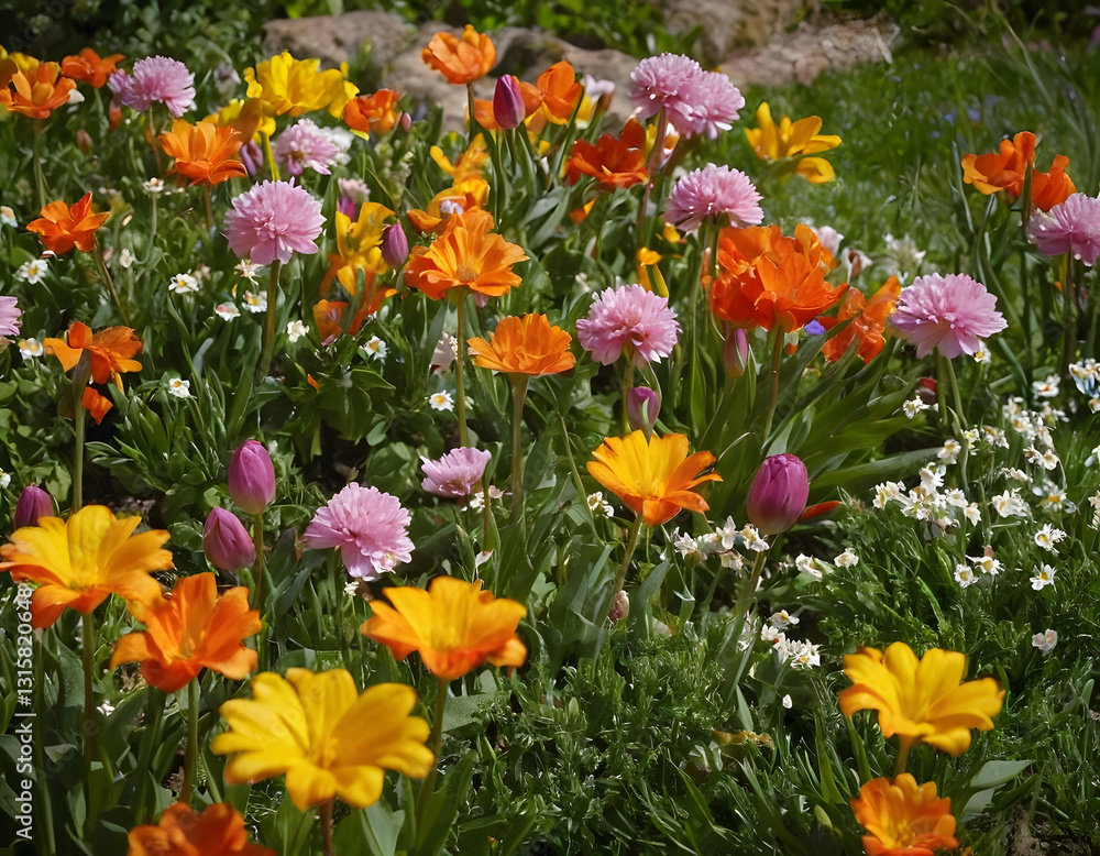 Obraz premium Colorful Spring flowers bloom, red and yellow tulips.