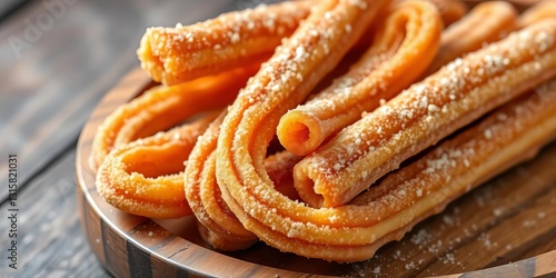 Golden-brown, crispy churros dusted with cinnamon sugar, arranged on a rustic wooden tray, food photography,  high resolution