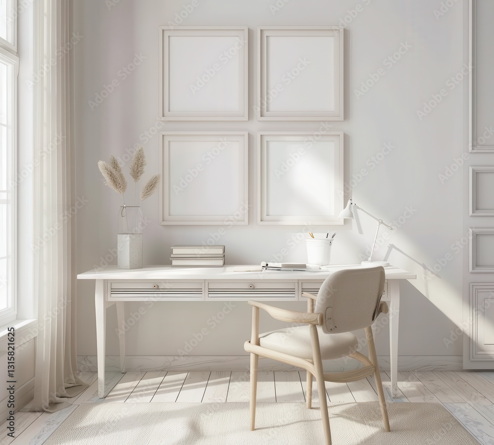 Fototapeta premium Minimalist home office with white desk. chair. and four empty frames on the wall