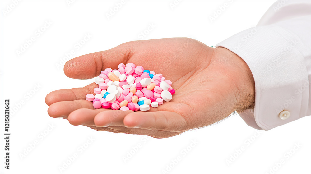 Various Colorful Pills and Tablets in the Palm of a Hand Various Colorful Pills and Tablets in the Palm of a Hand