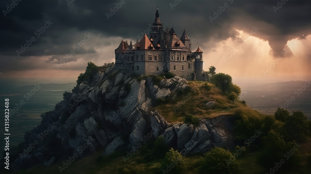 Stormy Sunset Over Hilltop Castle. Stormy Sunset Over Hilltop Castle.