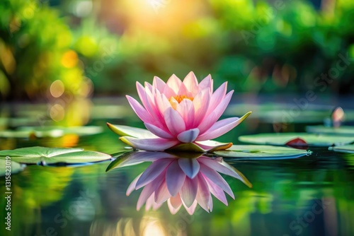 A close-up shot of a single lotus flower floating on the surface of a calm and clear pond, water, lotus, reflection, pond, beauty