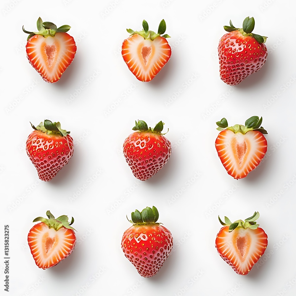 Whole and Cut Strawberries Arranged on a White Background Whole and Cut Strawberries Arranged on a White Background