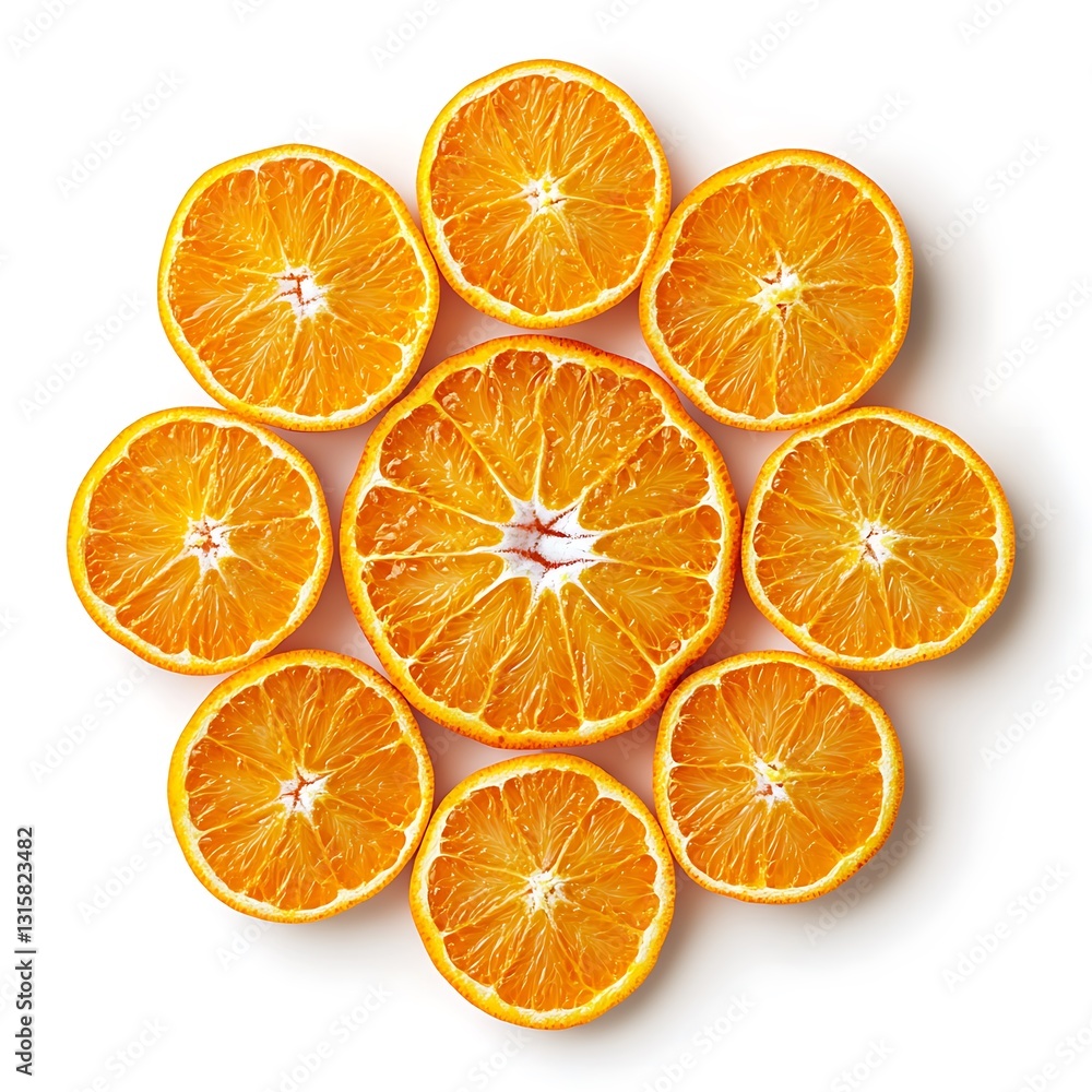 Group of Sliced Oranges Arranged in Floral Shape on White Background Group of Sliced Oranges Arranged in Floral Shape on White Background