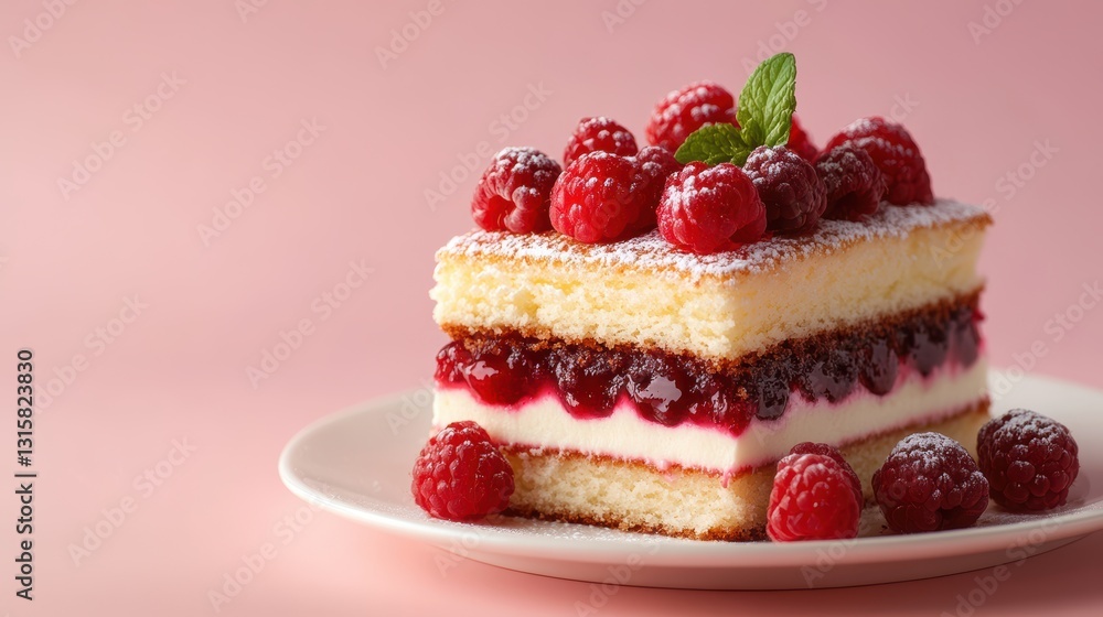 Delicious opera cake with raspberries culinary display food photography soft background close-up gourmet dessert delight
