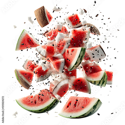 Fresh Watermelon and Coconut Chunks with Fez Isolated on Transparent Background