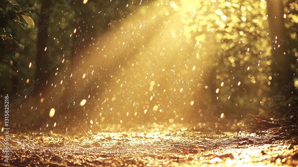 Naklejka premium Golden Rain in the Forest: A Magical Scene of Sunlight and Raindrops