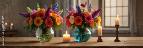 Wallpaper Mural A colorful bouquet of flowers placed in a decorative glass vase on a wooden table with a few candles nearby , soft candlelight, wooden table Torontodigital.ca