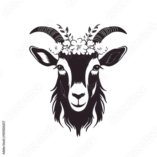 Minimalist vector goat silhouette wearing flower crown on transparent background
