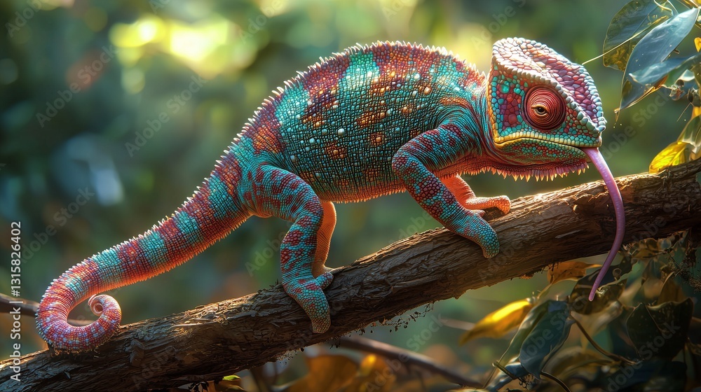 Fototapeta premium Chameleon on a Branch in Lush Tropical Rainforest Sunlight