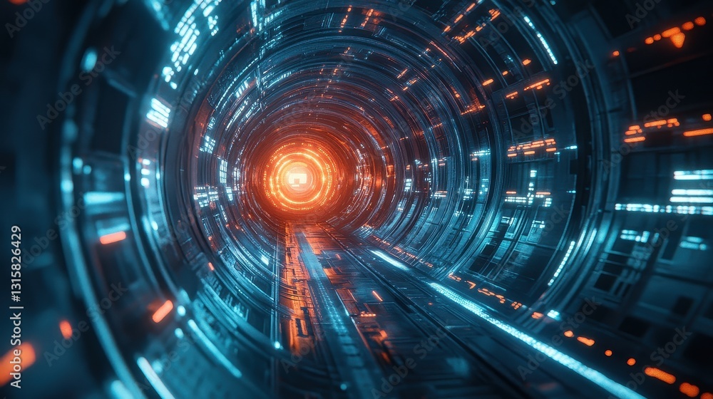 Futuristic tunnel with glowing orange and blue lights. Ideal for sci-fi, technology, or virtual reality projects. Futuristic tunnel with glowing orange and blue lights. Ideal for sci-fi, technology, or virtual reality projects.