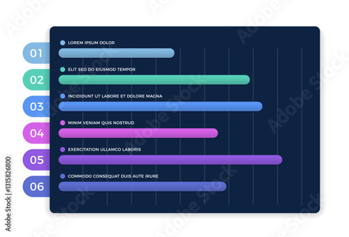 Horizontal bar chart with six elements, infographic template, dark background, vector eps10 illustration