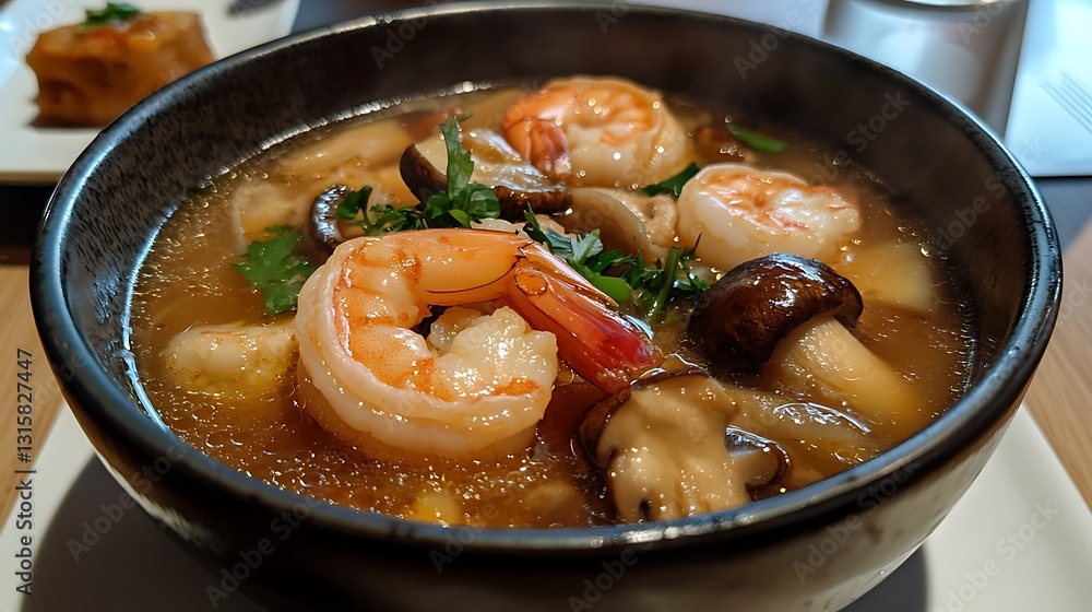 Delicious Shrimp and Mushroom Soup with Fresh Herbs in a Black Bowl Steaming Hot Delicious Shrimp and Mushroom Soup with Fresh Herbs in a Black Bowl Steaming Hot