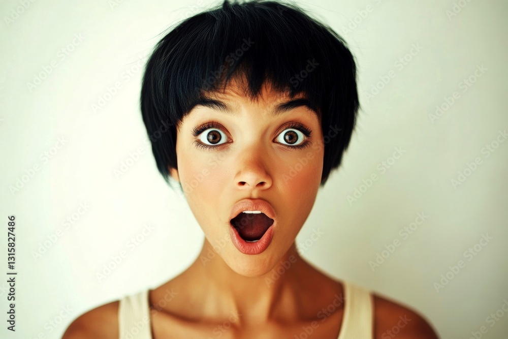 Commercial advertising creative. Short trim - straight hair. Stunning very amazed mixed-race girl - for ads, drive poster and digital use. African american ad. Short hair woman shot. Commercial advertising creative. Short trim - straight hair. Stunning very amazed mixed-race girl - for ads, drive poster and digital use. African american ad. Short hair woman shot.