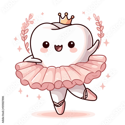 Elegant ballerina tooth in pink tutu with crown vector illustration. Ideal for girls' dental care programs and portraying dental visits as graceful and special experiences.