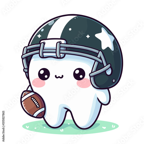Sporty tooth football player with helmet and ball vector illustration. Ideal for promoting dental protection for athletes and engaging sports-loving children in dental care.