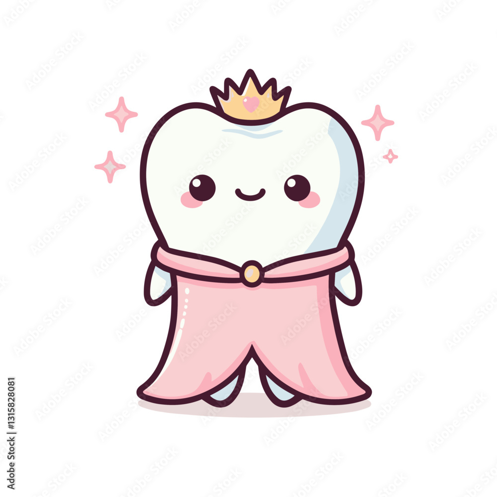 Adorable tooth princess with tiara and pink dress vector illustration. Perfect for making dental visits special experiences for young girls and promoting royal treatment for all patients. Adorable tooth princess with tiara and pink dress vector illustration. Perfect for making dental visits special experiences for young girls and promoting royal treatment for all patients.