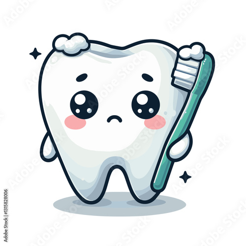 Sad tooth character with toothbrush and toothpaste vector illustration. Ideal for teaching proper brushing techniques and encouraging regular oral hygiene practices.