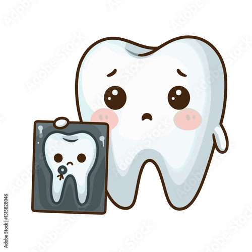 Concerned tooth character holding x-ray image vector illustration. Excellent for explaining diagnostic procedures and helping patients understand their dental conditions.