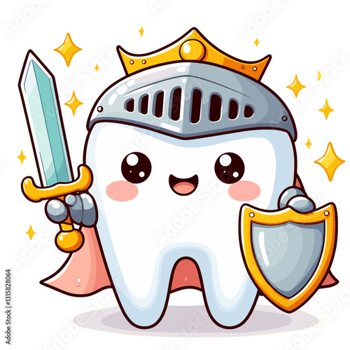 Royal tooth knight with crown, armor, sword and shield vector illustration. Excellent for premium dental services and portraying oral health protection as a noble mission.
