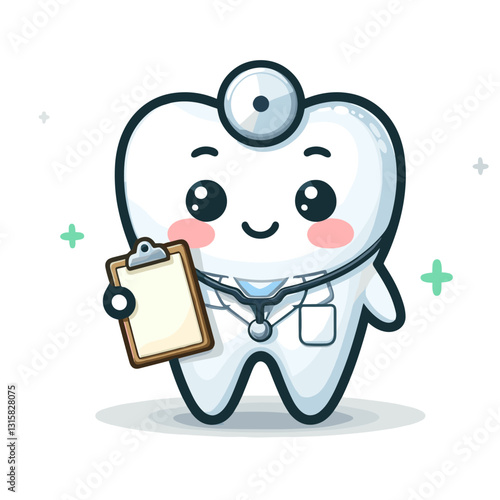Professional tooth doctor with stethoscope and clipboard vector illustration. Ideal for pediatric dental practices emphasizing comprehensive health care approach and medical expertise.