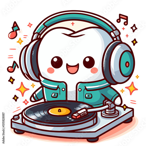 Trendy tooth DJ with headphones and turntable vector illustration. Perfect for making dental visits appealing to tweens and teens through cool, music-themed imagery.