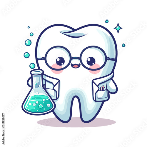 Scientific tooth researcher with glasses and chemistry flasks vector illustration. Perfect for dental practices emphasizing scientific approaches and evidence-based treatments.