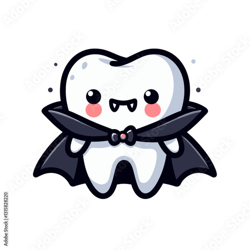 Dramatic tooth vampire with black cape and fangs vector illustration. Perfect for Halloween dental promotions and teaching about canine teeth care in a fun, theatrical manner.