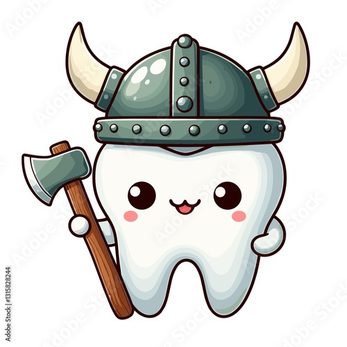 Fierce Viking tooth warrior with helmet and axe vector illustration. Perfect for portraying dental strength and resilience while creating memorable characters for pediatric dental practices.