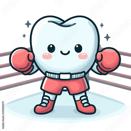 Competitive tooth boxer with gloves in boxing ring vector illustration. Perfect for portraying the fight against cavities and encouraging children to be champions of their dental health.