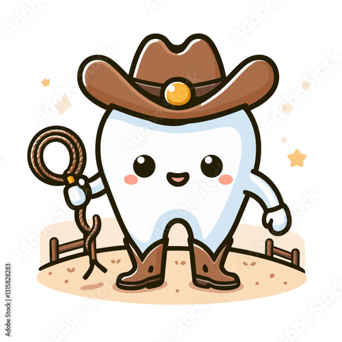 Adventurous cowboy tooth character with lasso and boots on sandy ground vector illustration. Perfect for western-themed dental clinics promoting oral health as an exciting frontier to explore.