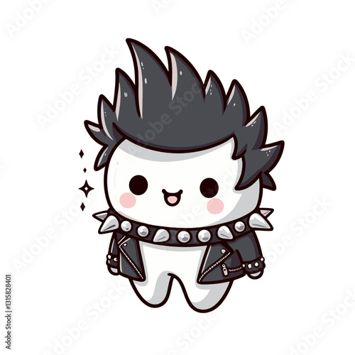 Rebellious punk rock tooth with spiky hair and studded collar vector illustration. Ideal for teen dental campaigns and showing that dental care can be edgy, cool and attitude-filled.