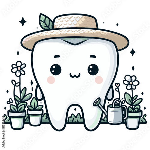 Peaceful tooth gardener with straw hat surrounded by flowers and plants vector illustration. Perfect for promoting organic approaches to dental care and natural oral health solutions.