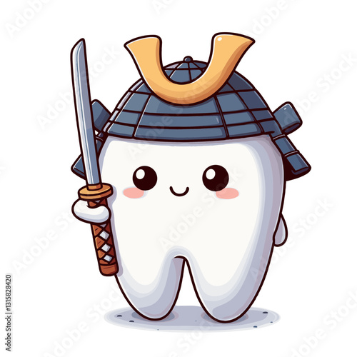 Noble samurai tooth warrior with traditional helmet and sword vector illustration. Perfect for dental clinics emphasizing the ancient art of protecting teeth with discipline and honor.