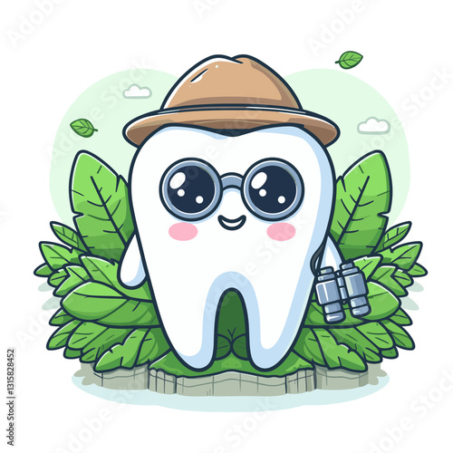 Adventurous tooth explorer with safari hat and glasses in jungle setting vector illustration. Perfect for pediatric dental clinics promoting discovery-based approaches to oral health education.