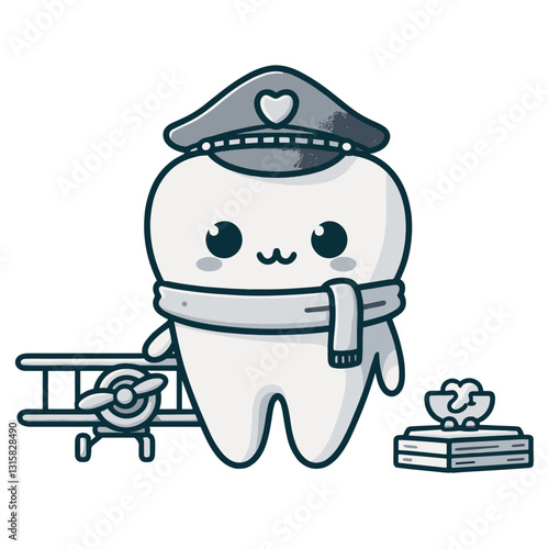 Professional tooth pilot with captain hat and scarf near airplane vector illustration. Ideal for dental practices helping children soar to new heights with confidence in their oral health journey.