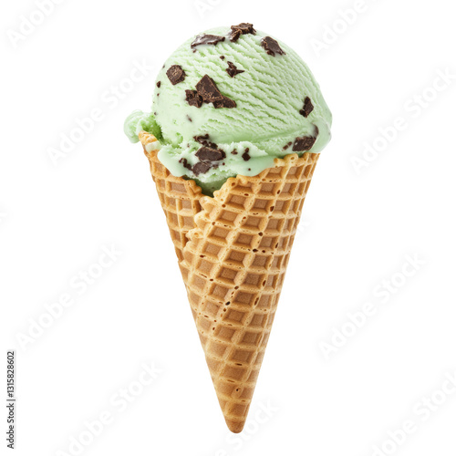 Mint Chocolate Chip Ice Cream Cone with Waffle Cone Isolated on transparent background