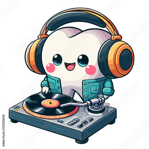 Trendy tooth DJ with headphones and turntable vector illustration. Excellent for making dental visits appealing to music-loving teens and creating a vibrant atmosphere in orthodontic practices.