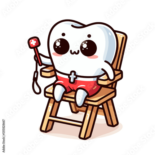 Adorable tooth baby in highchair with bib and rattle vector illustration. Perfect for pediatric dental clinics focusing on early childhood dental care and first tooth development education.