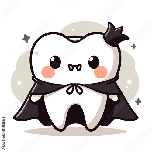 Mysterious tooth vampire with cape and crown vector illustration. Excellent for Halloween dental promotions and teaching children about canine teeth care in a fun, spooky manner.