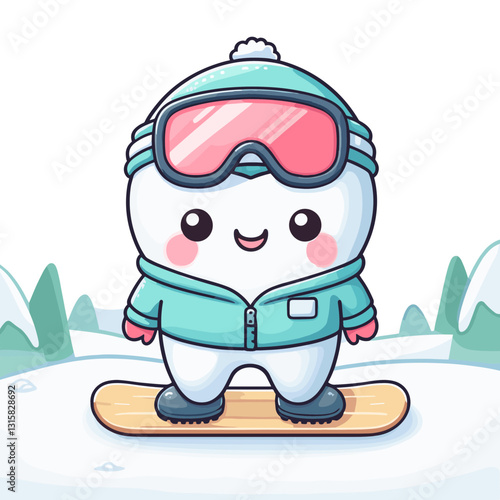 Adventurous tooth snowboarder in winter gear on snowy slope vector illustration. Ideal for winter dental promotions and encouraging protective mouthguards during winter sports activities.