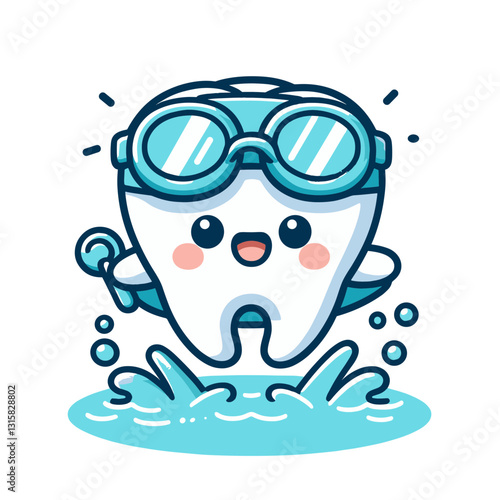 Energetic tooth swimmer with goggles in splashing water vector illustration. Perfect for summer dental promotions and encouraging refreshing oral hygiene practices.