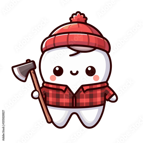 Rugged tooth lumberjack with plaid shirt, beanie and axe vector illustration. Ideal for dental clinics in forest regions promoting strength and resilience in dental health care.