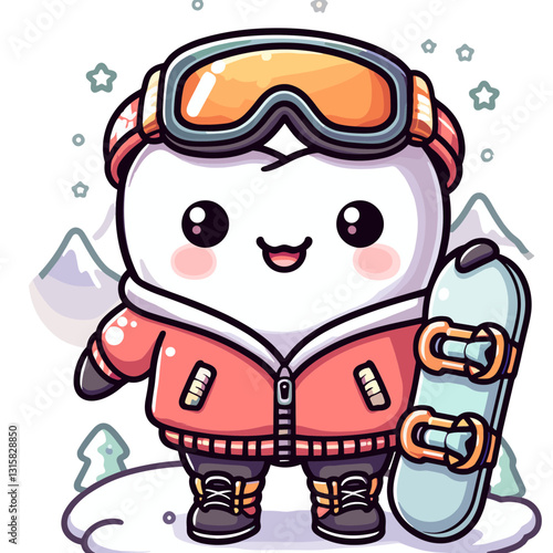 Adventurous tooth snowboarder with winter gear and equipment vector illustration. Ideal for winter dental promotions and encouraging protective mouthguards during snow sports activities.